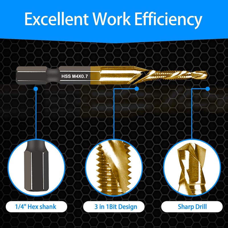 DKIBBITH 6-pc Metric M4 Combination Drill Tap Bit Set, M4*0.7 Thread Size, Titanium Coated High-Speed Steel, Ideal for Drilling and Threading in Soft Metal Wood and Plastic,1/4" Hex Shank - Image 3
